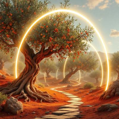 The primary subject of the image is a tree with a large number of oranges on it, located in a desert-like environment. The tree is surrounded by a few other trees, and the overall atmosphere is dry and arid. The visual style of the image is digital art, with a focus on the vibrant colors of the oranges and the tree's branches. The colors and mood of the image are warm and inviting, with the oranges and tree creating a sense of life and vitality in the otherwise barren